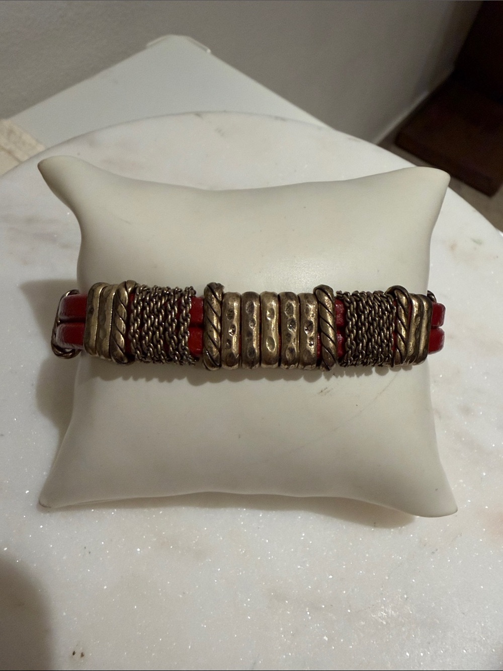 Lucky Brand Red Leather and Antique Gold-Tone chain Bracelet